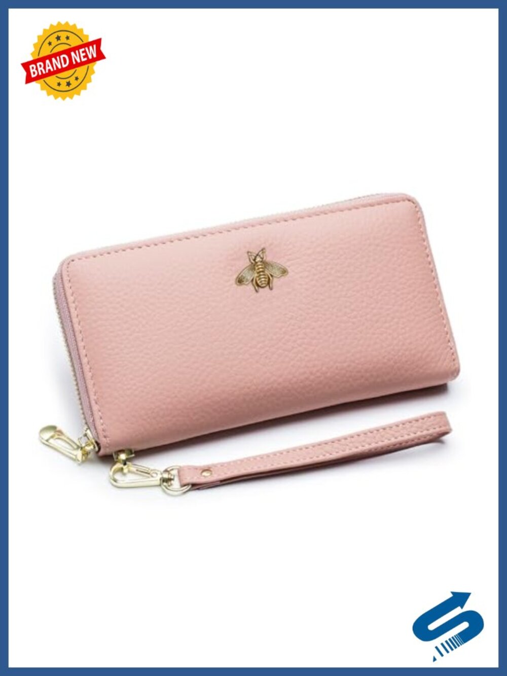 Genuine Leather Wallet Wristlet Clutch Purse with Bee Decoration Credit Card